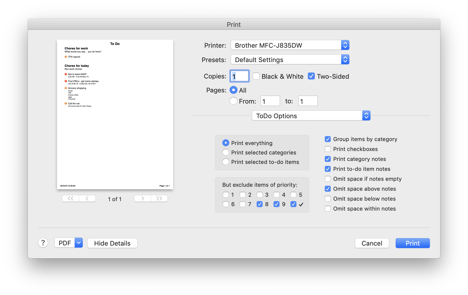 screenshot of printing options