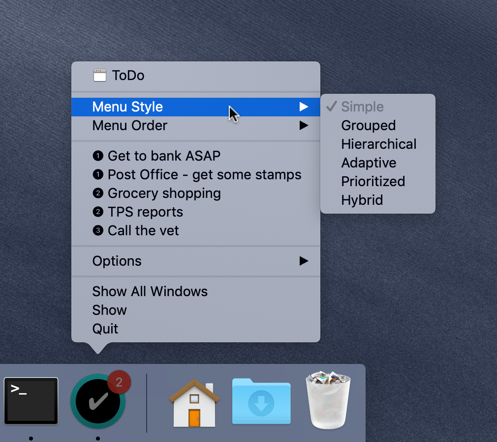 screenshot of dock menu